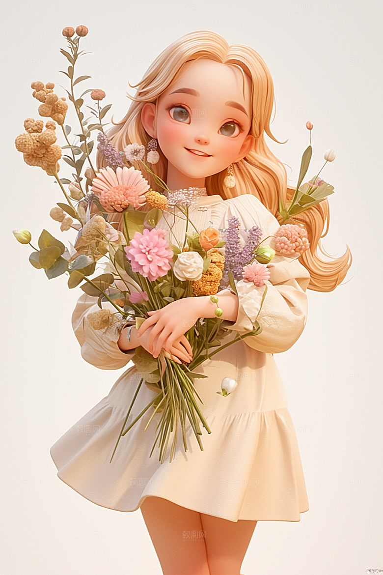手捧鲜花的少女青春3D素材