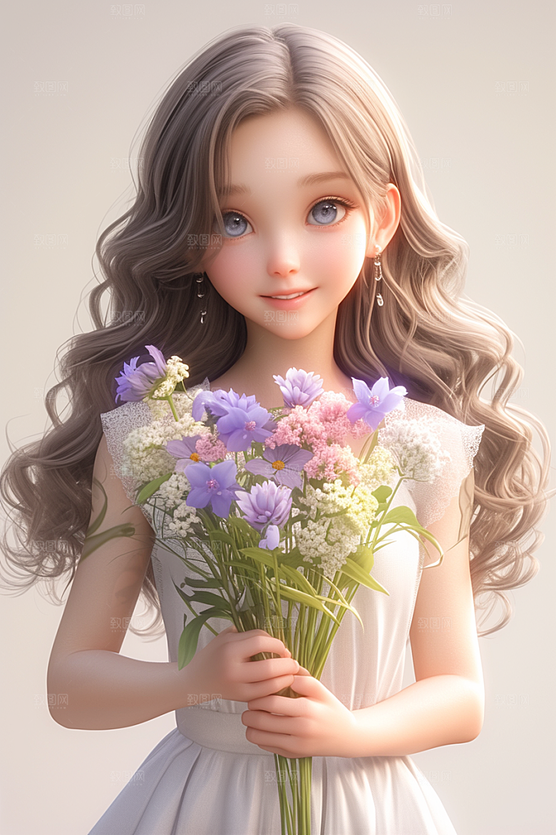 手捧鲜花的少女烂漫3D素材