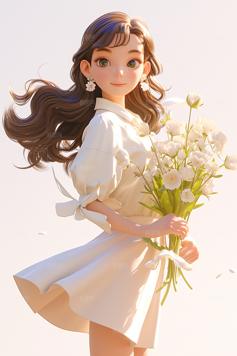 手捧鲜花的少女清新自然素材