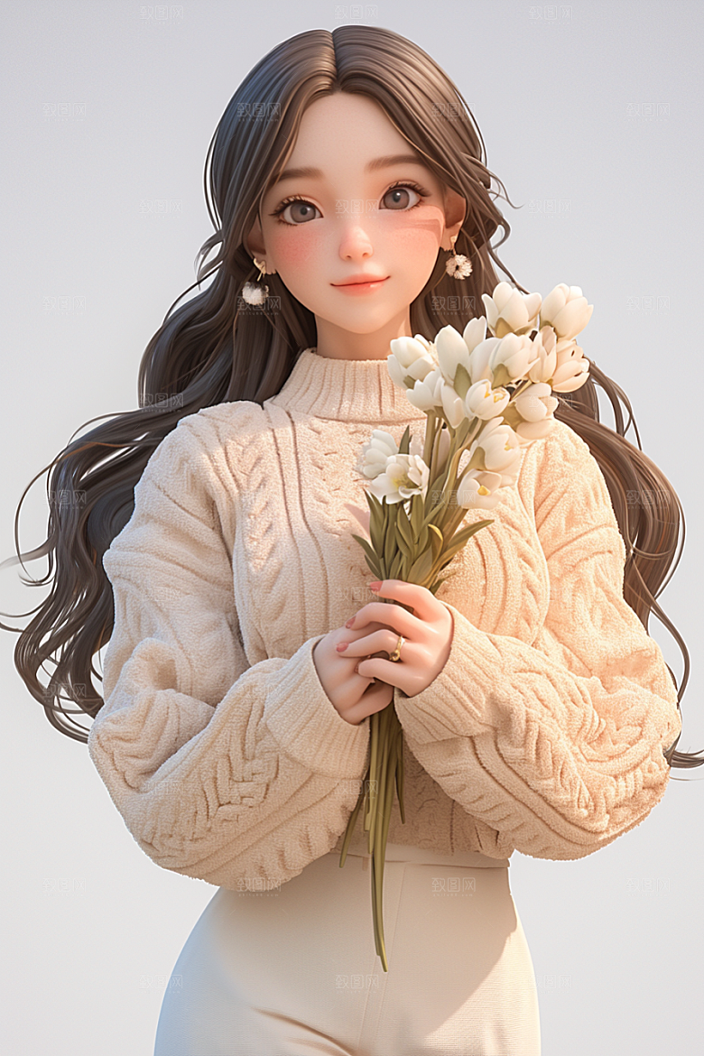 手捧鲜花的少女花朵飞舞的裙摆素材