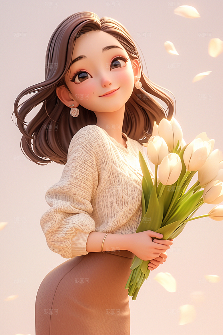 手捧鲜花的少女春天花朵素材