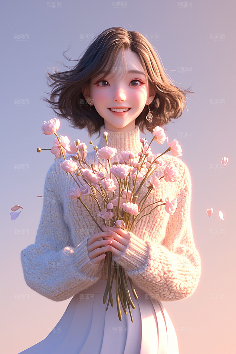 手捧鲜花的少女春天青春素材
