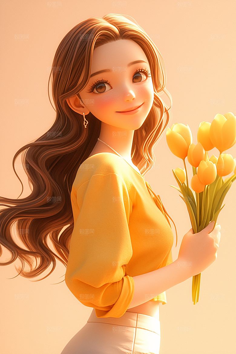 手捧鲜花的少女唯美模型素材