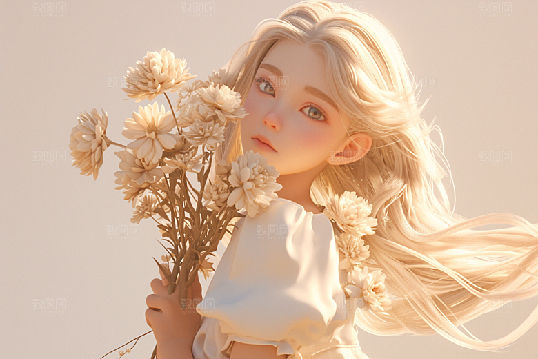 手捧鲜花的少女自然人物素材