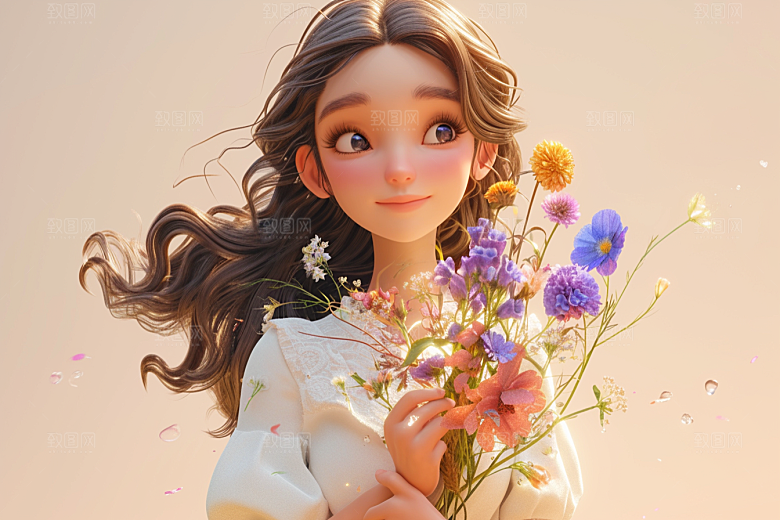 手捧鲜花的少女模型春天素材