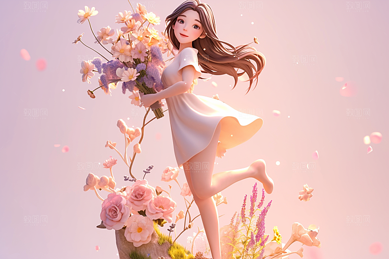 手捧鲜花的少女梦幻青春素材