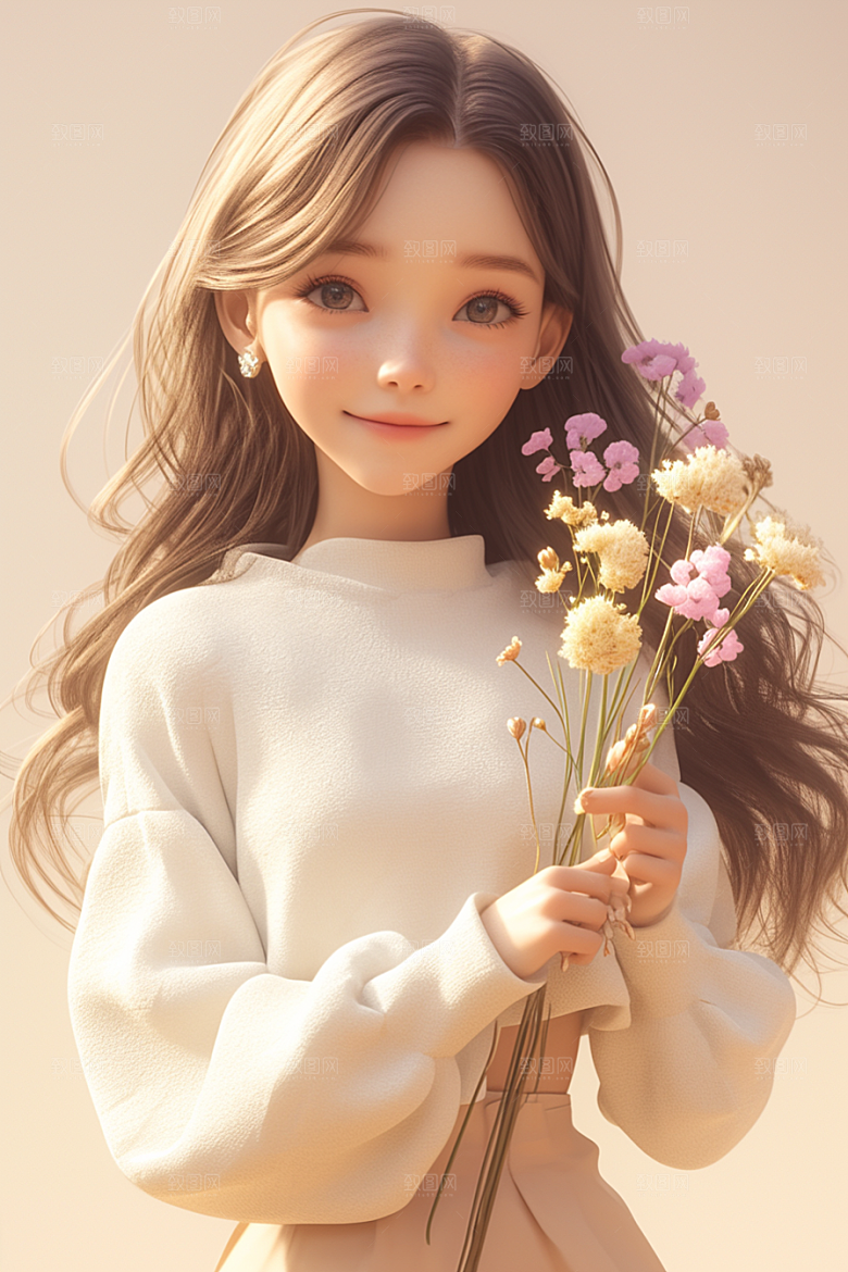 手捧鲜花的少女花朵人物素材