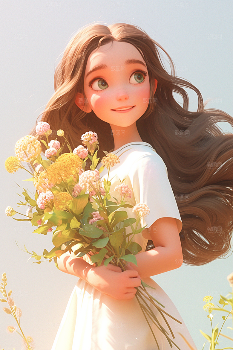 手捧鲜花的少女自然3D素材