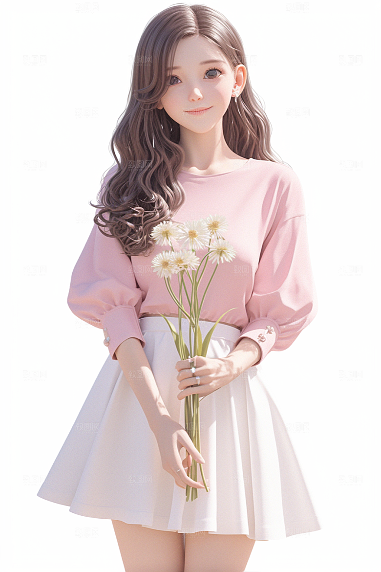 手捧鲜花的少女模型飞舞的裙摆素材