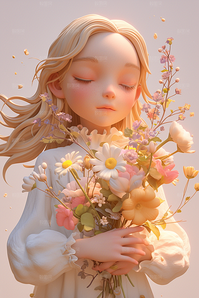 手捧鲜花的少女烂漫立体素材