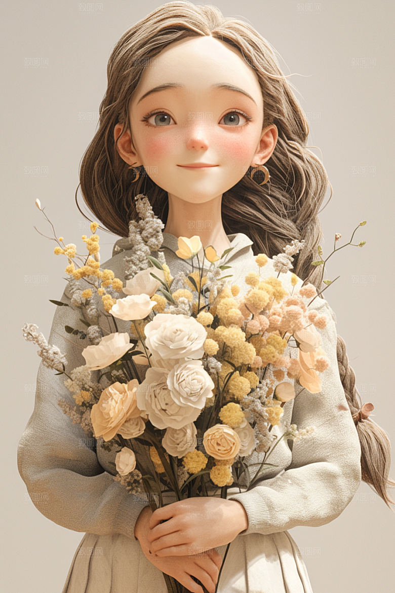 手捧鲜花的少女立体青春素材