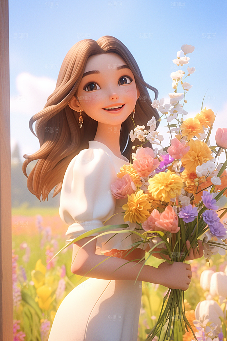 手捧鲜花的少女自然3D素材