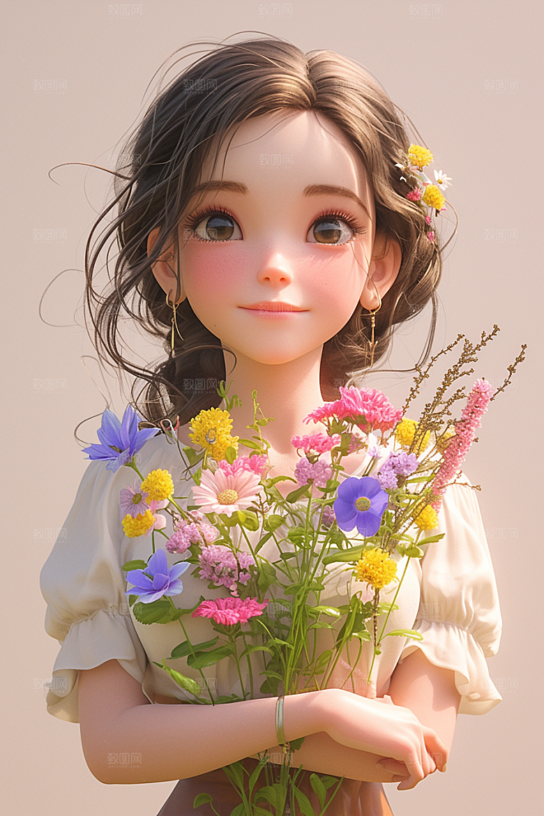 手捧鲜花的少女3D清新素材