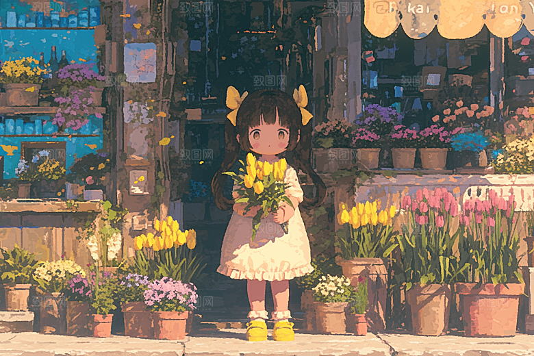 手捧鲜花的少女青春模型素材
