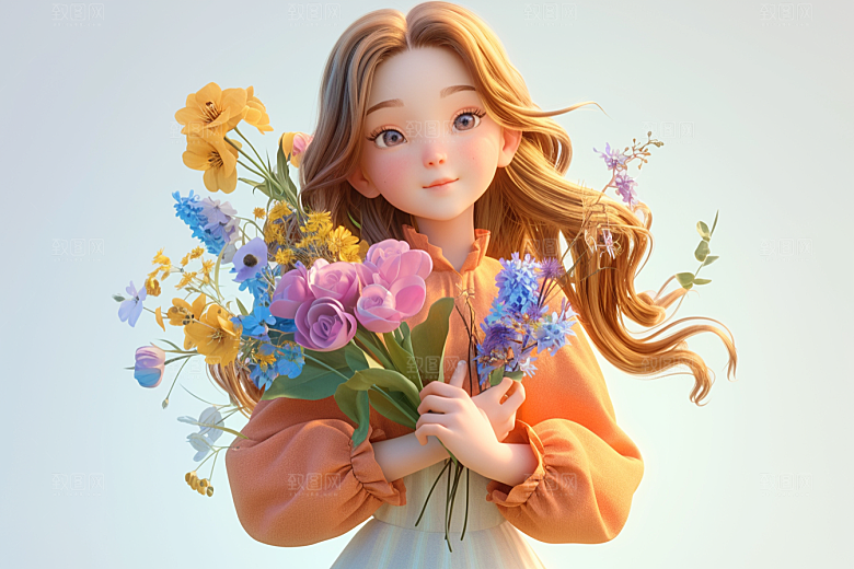 手捧鲜花的少女飞舞的裙摆立体素材