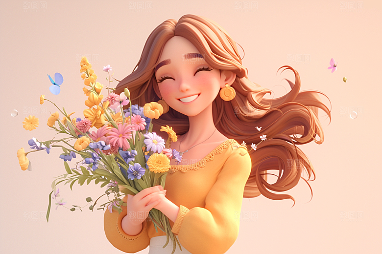 手捧鲜花的少女春天3D素材