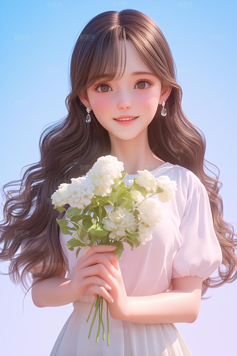 手捧鲜花的少女梦幻3D素材
