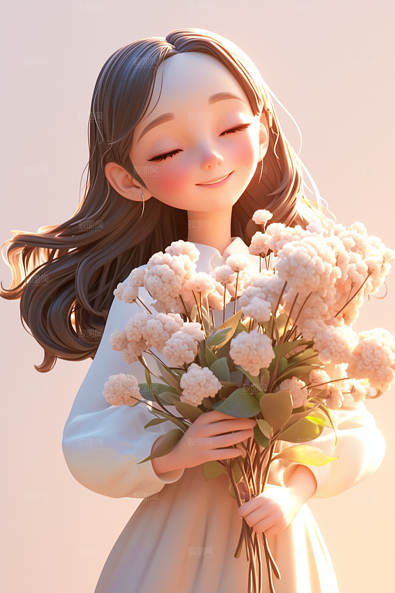 手捧鲜花的少女春天3D素材
