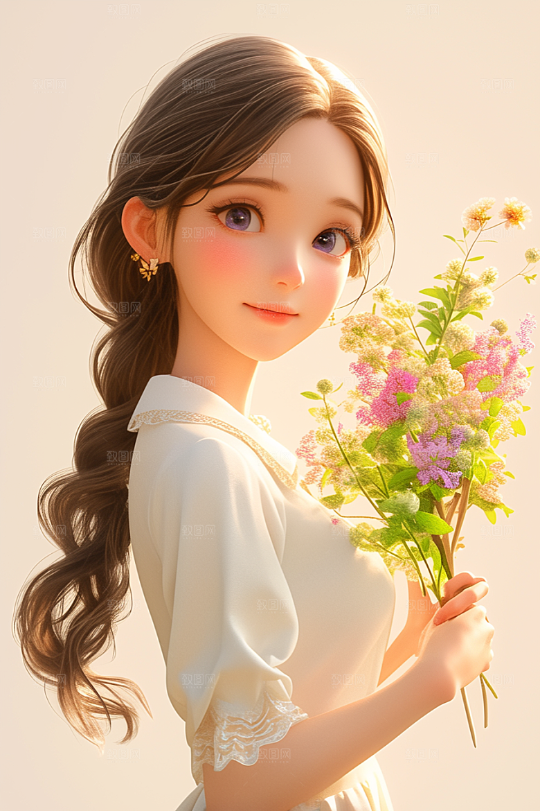 手捧鲜花的少女唯美清新素材