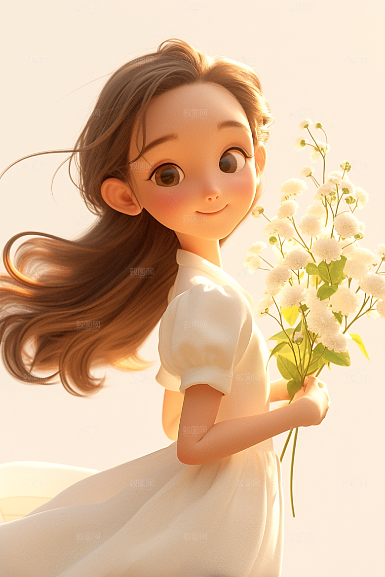 手捧鲜花的少女立体春天素材