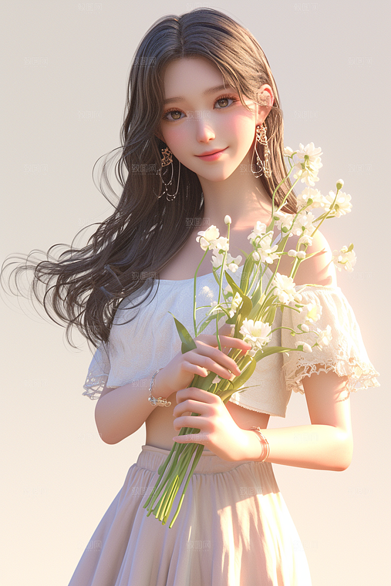 手捧鲜花的少女3D梦幻素材