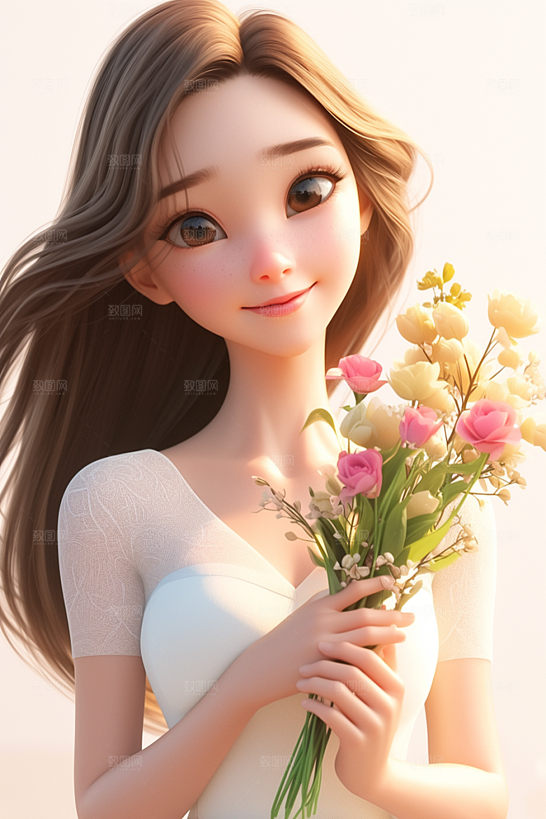 手捧鲜花的少女人物飞舞的裙摆素材