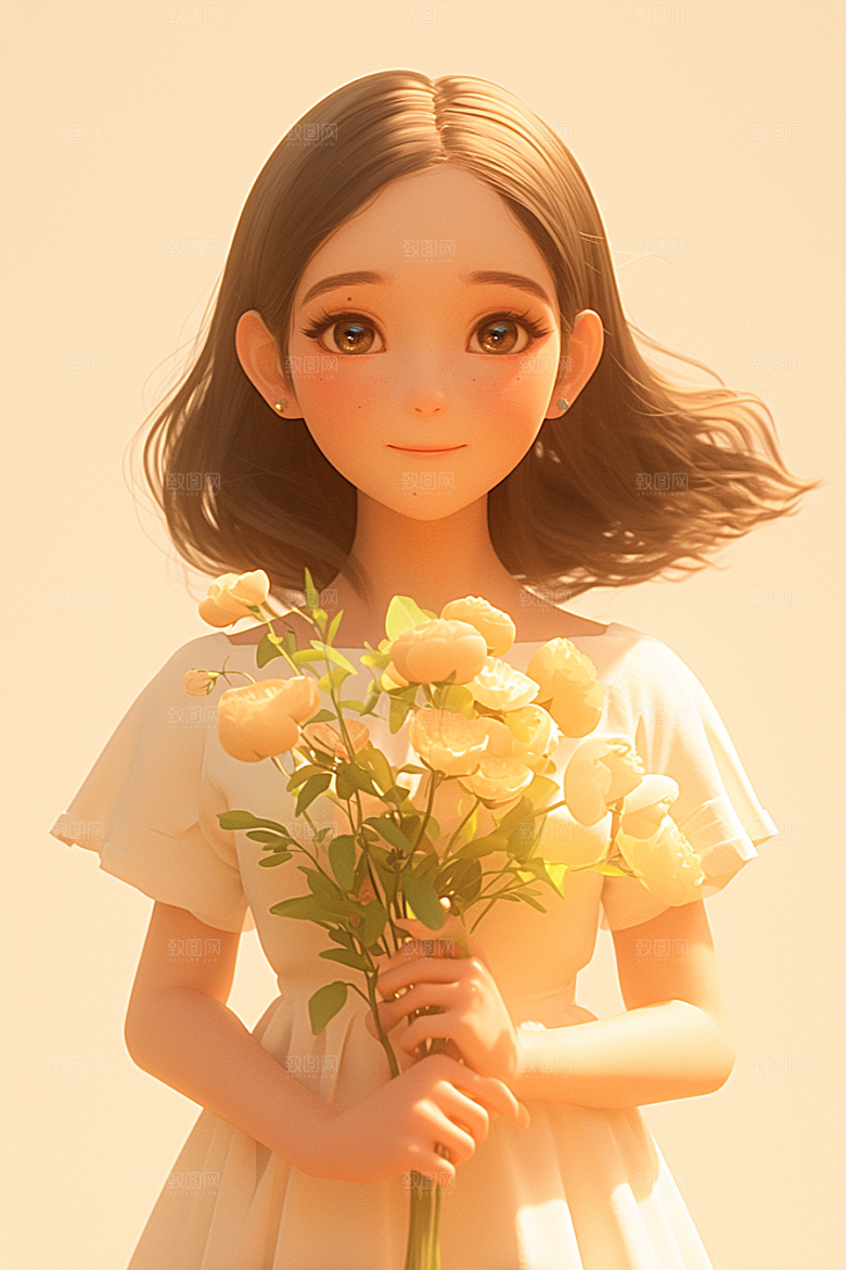 手捧鲜花的少女自然清新素材