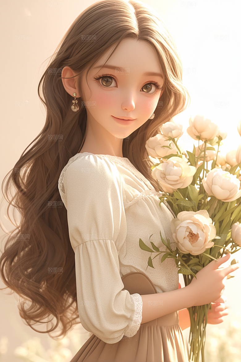 手捧鲜花的少女人物烂漫素材