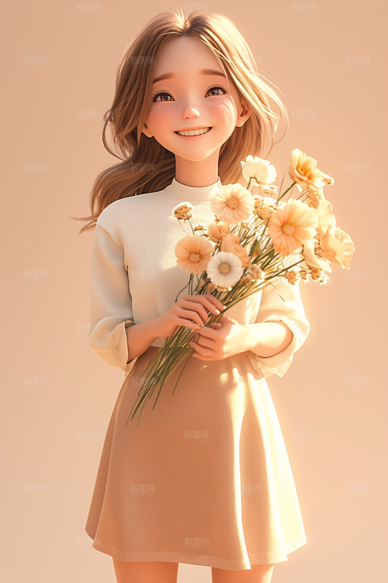 手捧鲜花的少女模型人物素材