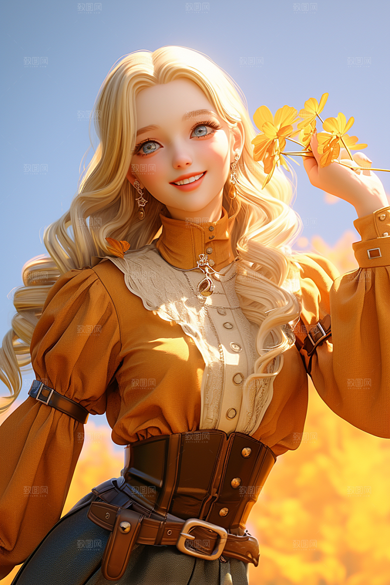 手捧鲜花的少女唯美立体素材