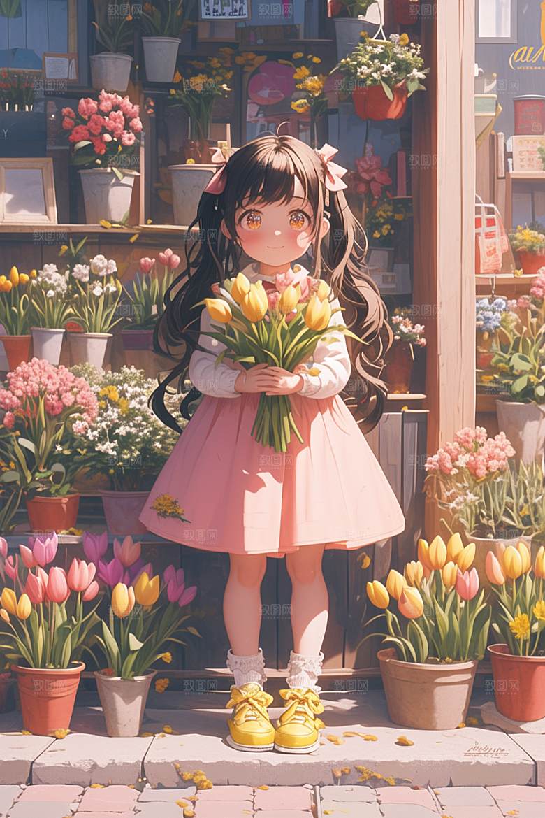 手捧鲜花的少女自然青春素材