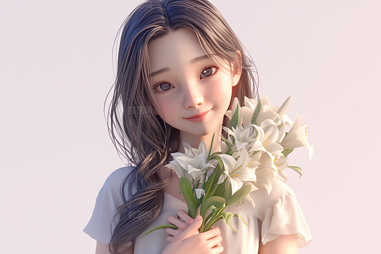 手捧鲜花的少女青春立体素材