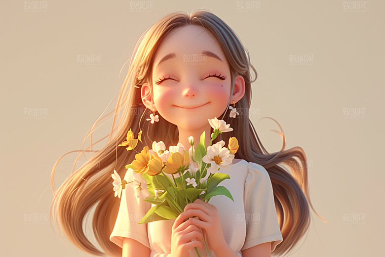 手捧鲜花的少女立体花朵素材