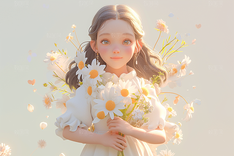 手捧鲜花的少女模型春天素材