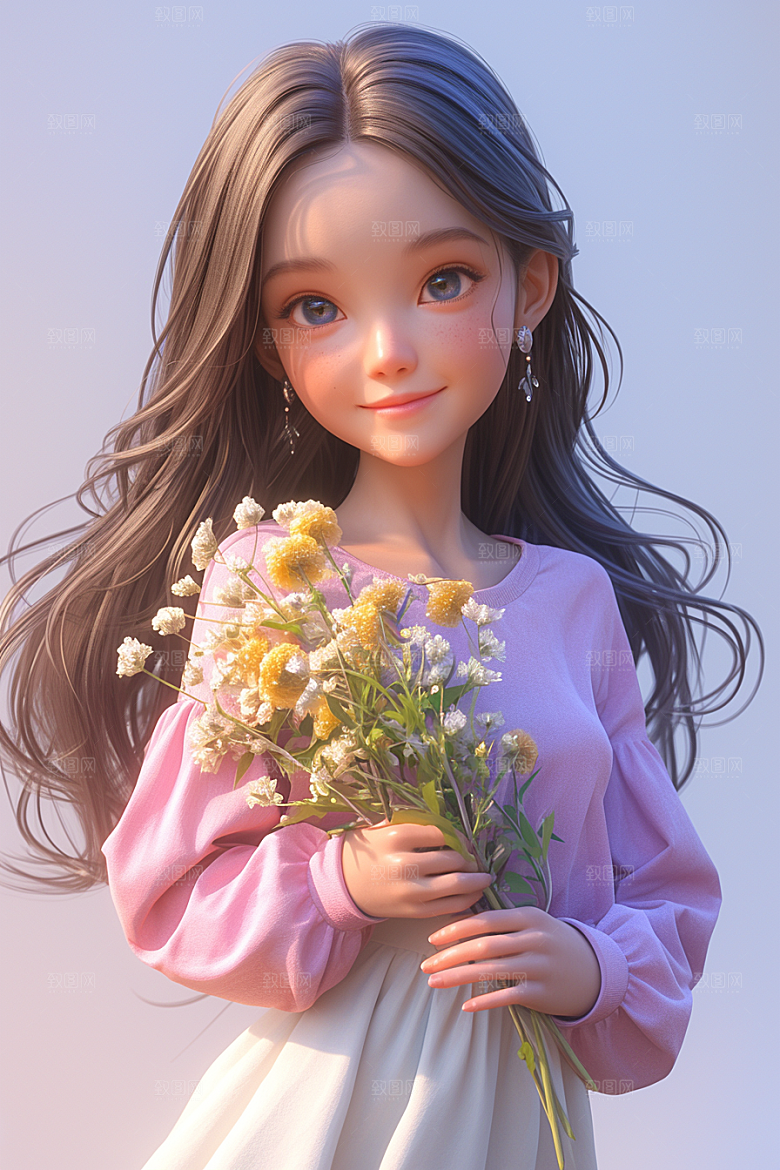 手捧鲜花的少女青春飞舞的裙摆素材