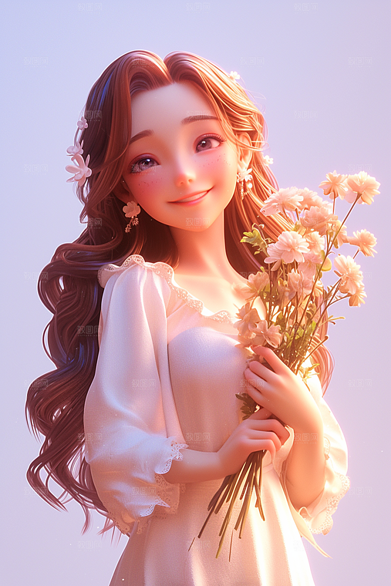 手捧鲜花的少女青春3D素材