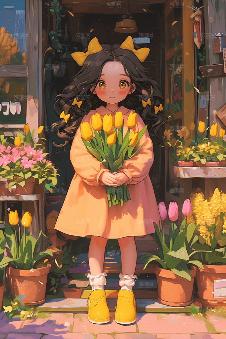 手捧鲜花的少女飞舞的裙摆青春素材