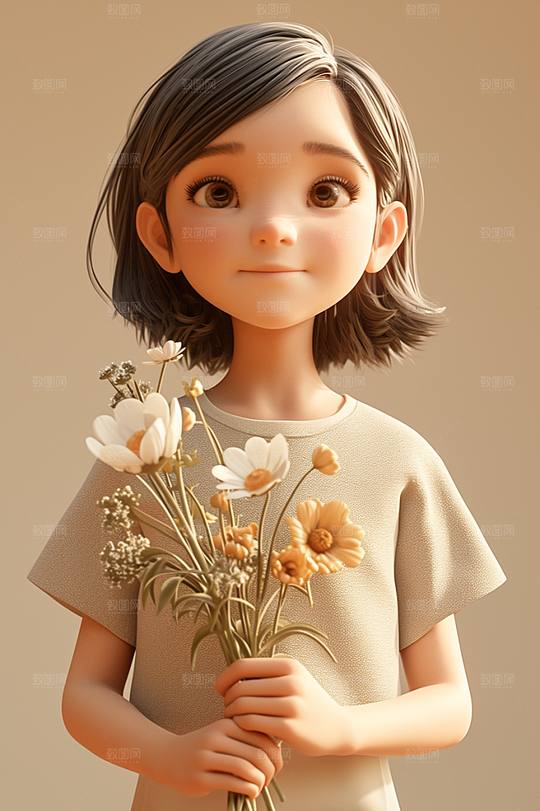 手捧鲜花的少女青春3D素材
