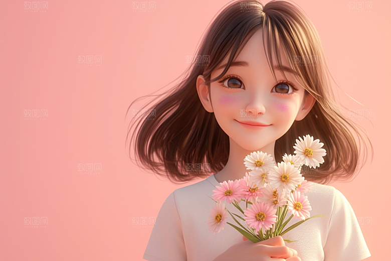 手捧鲜花的少女春天烂漫素材