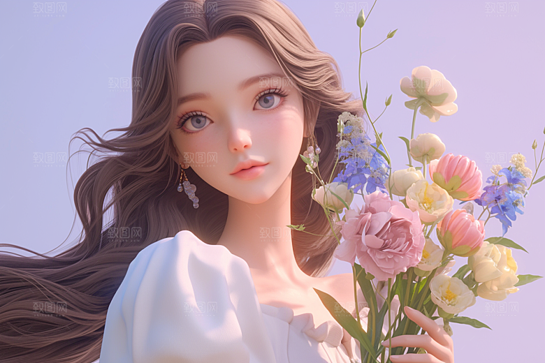 手捧鲜花的少女花朵自然素材