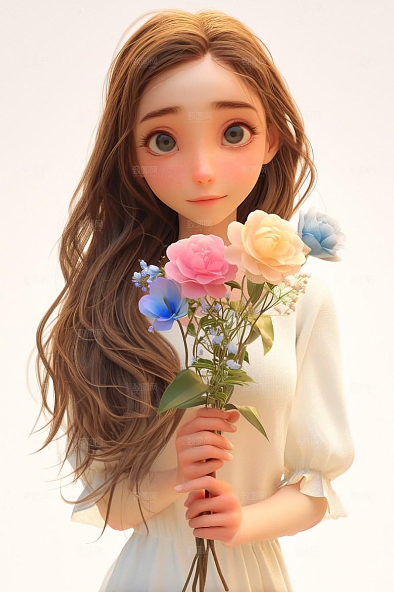 手捧鲜花的少女烂漫唯美素材