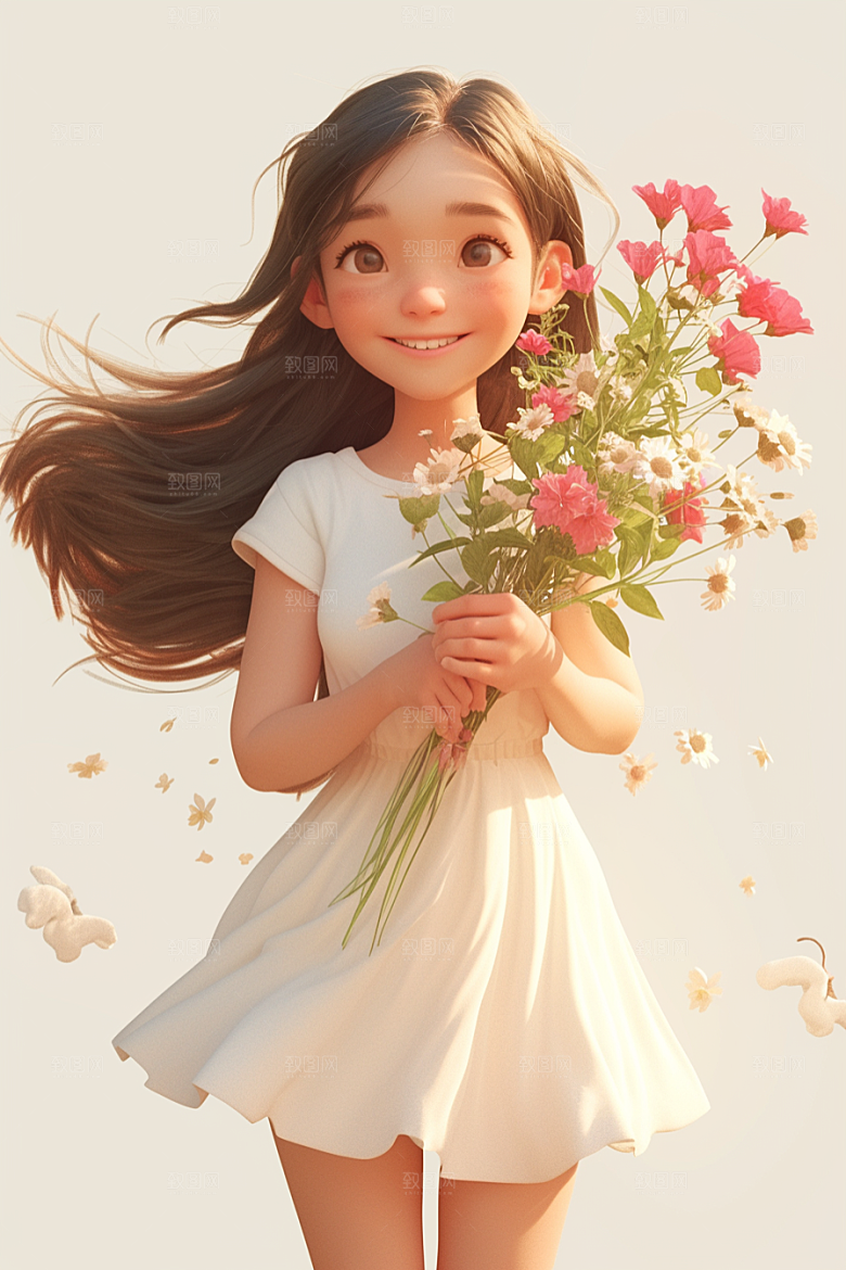 手捧鲜花的少女人物唯美素材