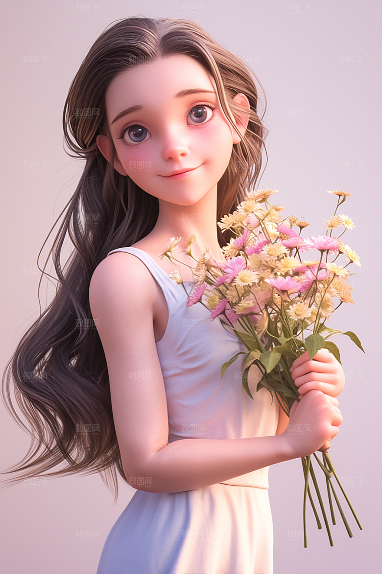 手捧鲜花的少女立体花朵素材
