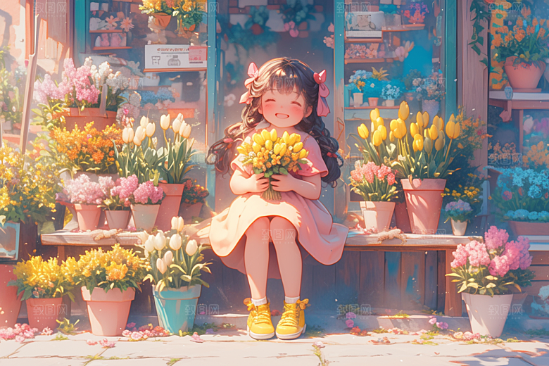 手捧鲜花的少女3D唯美素材