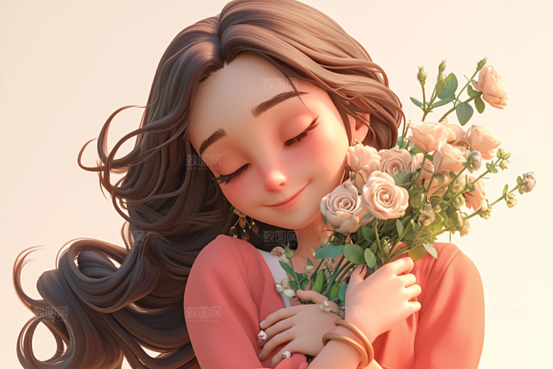 手捧鲜花的少女青春肖像素材
