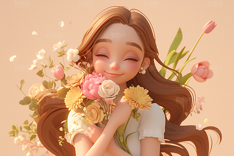 手捧鲜花的少女模型梦幻素材