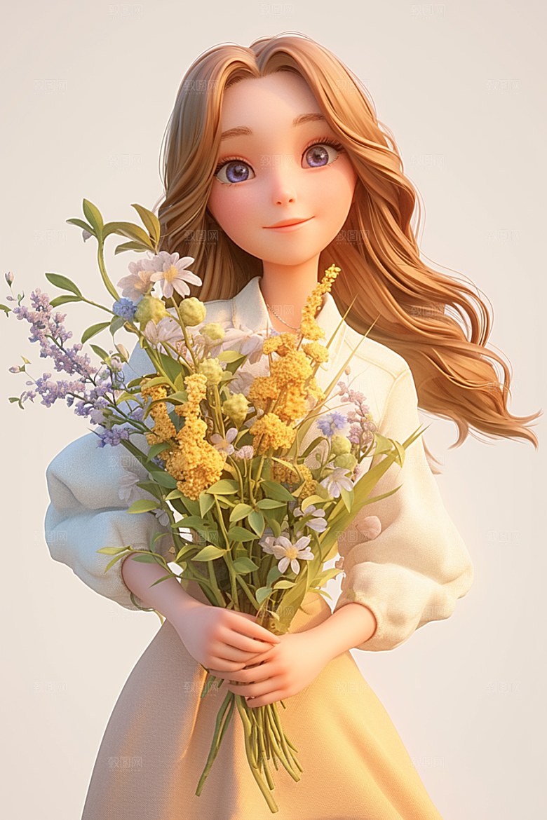 手捧鲜花的少女梦幻人物素材