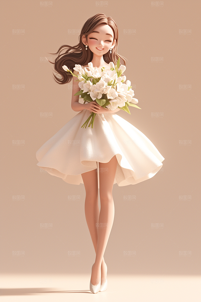 手捧鲜花的少女3D梦幻素材