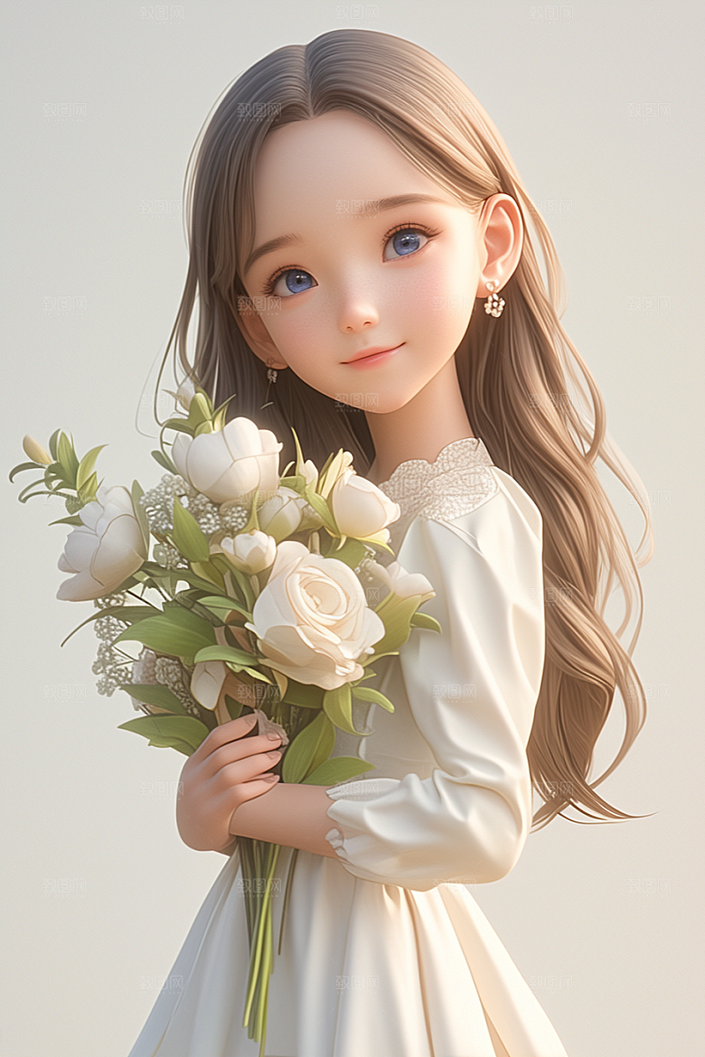 手捧鲜花的少女自然春天素材