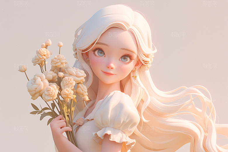 手捧鲜花的少女花朵人物素材